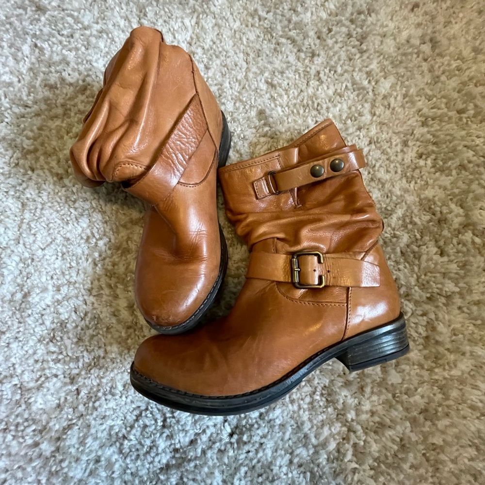 Tan Leather Ankle Boots with Buckle